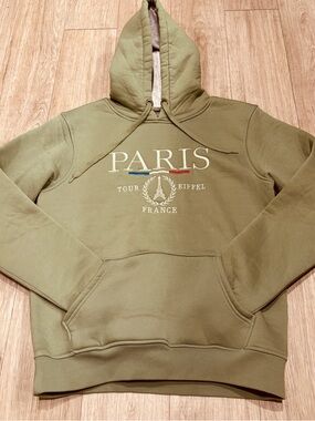 Olive Green Paris Hoodie Medium Casual Sportswear Soft Comfy Cotton Fall Winter